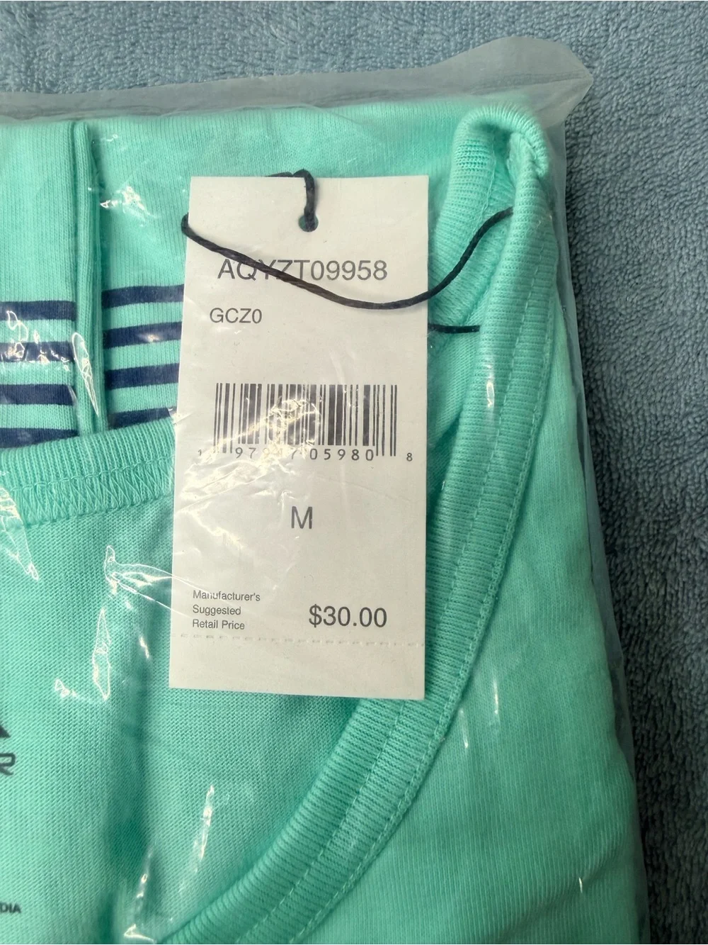 Quiksilver Men’s Mint Green Swim Rash Guard with Navy & Red Stripes